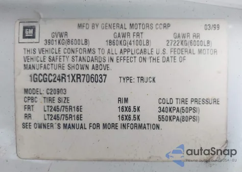 1999 Chevrolet C2500 из США, поврежденный, VIN 1GCGC24R1XR706037